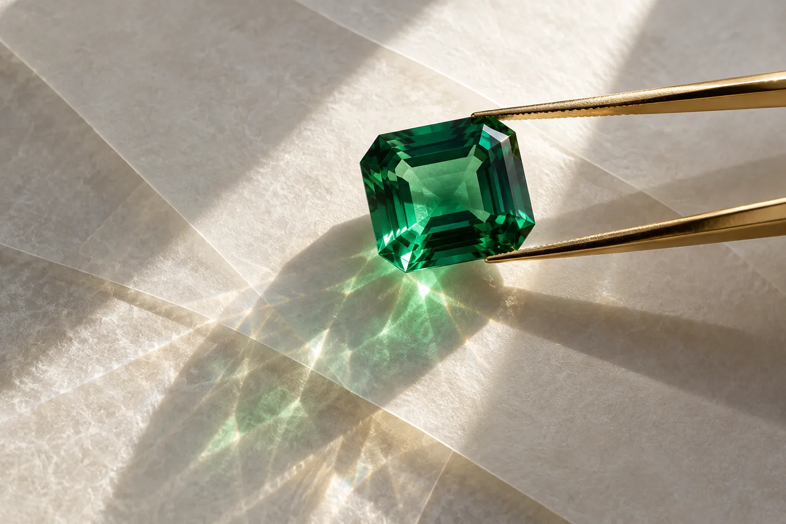 Gold tweezers hold a green emerald-cut stone over pale textured paper.