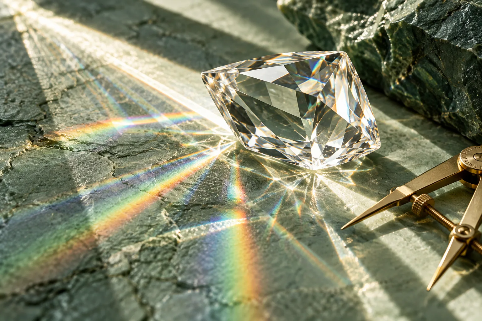 A clear cut crystal throws rainbow reflections across green stone beside brass measuring tools.