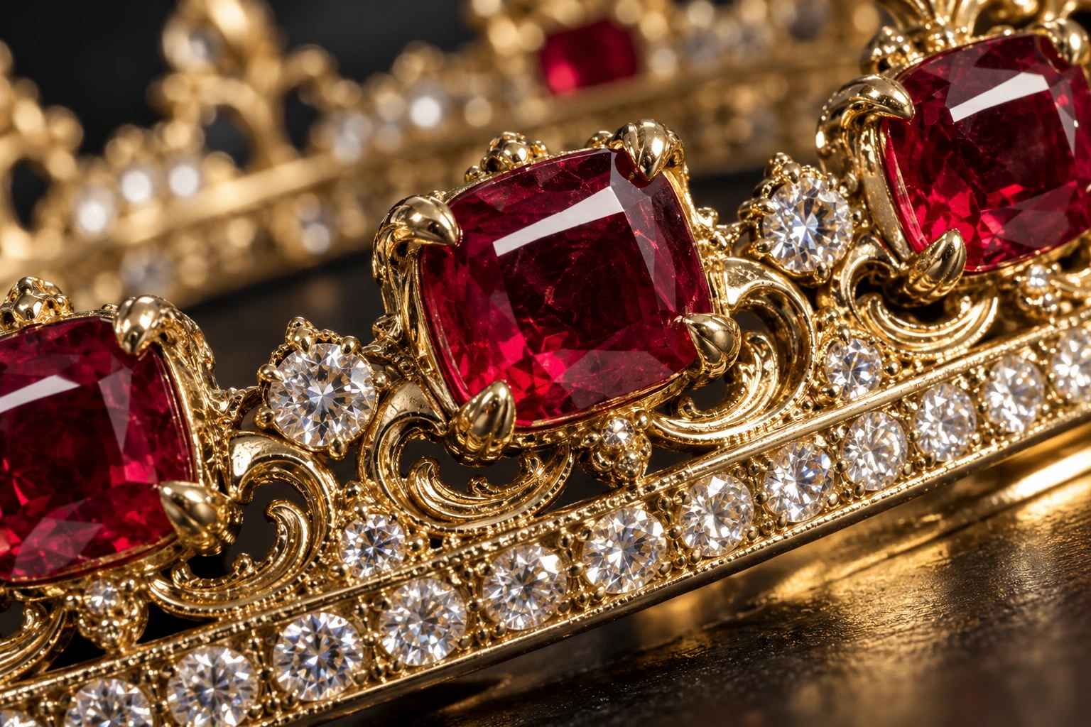 A close photographic-style study of ruby crown settings, white diamonds and polished gold claws.