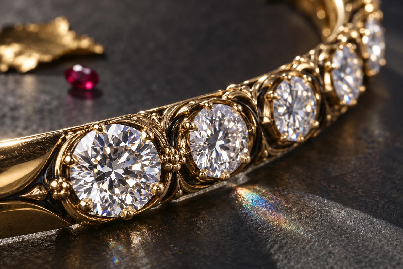 A curved gold bangle holds five white diamonds above a small rainbow reflection on charcoal card.