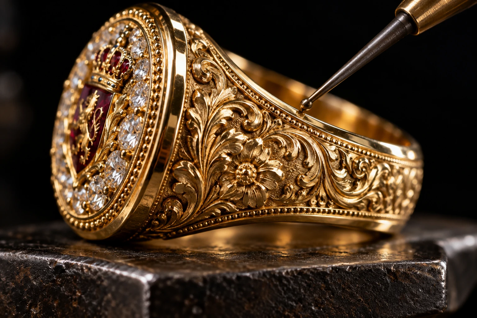 An ornate gold signet ring rests on a dark jeweller’s anvil beside a fine burnishing tool.