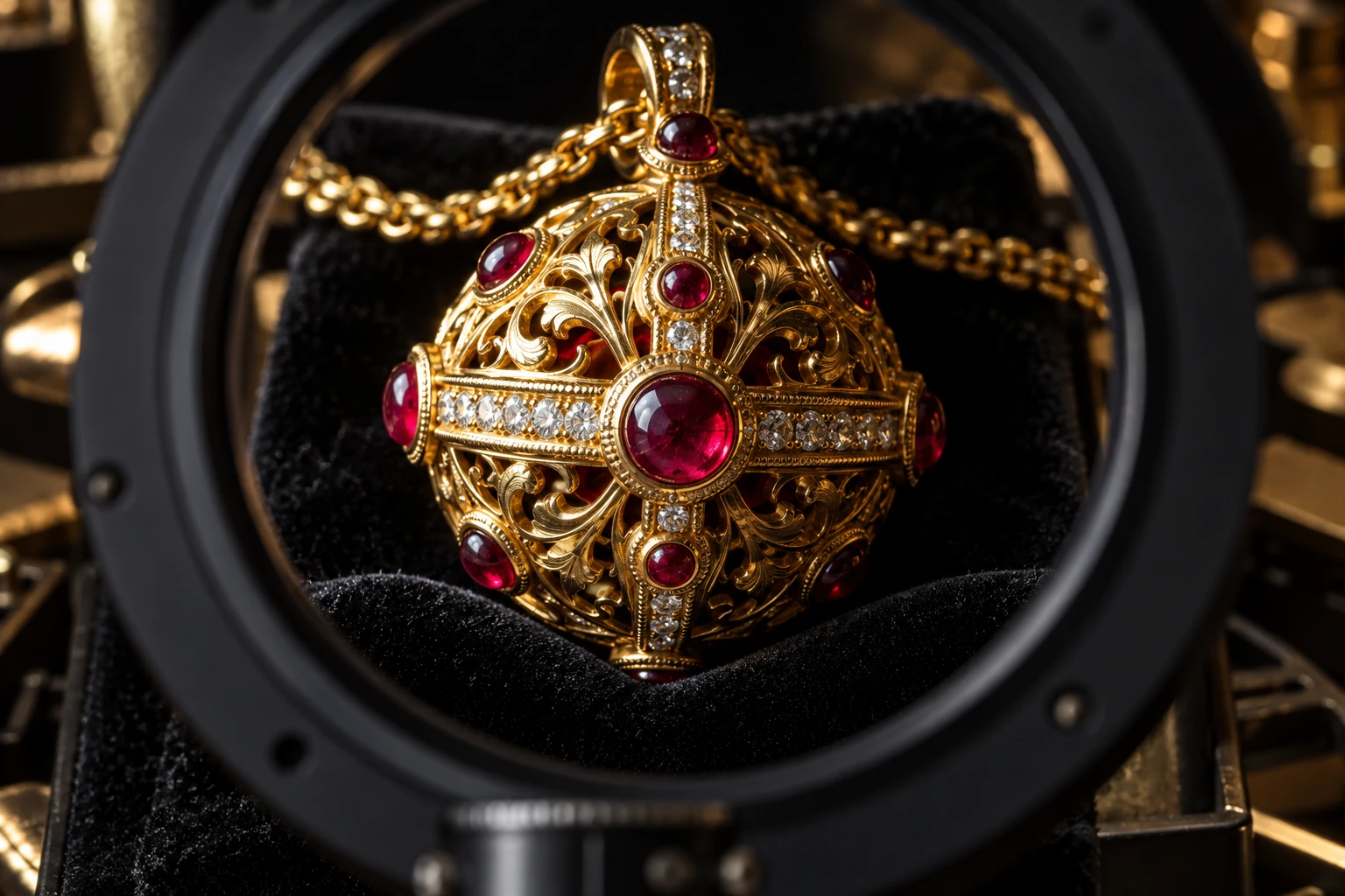 A ruby and diamond gold orb pendant is framed by the circular opening of an optical instrument.