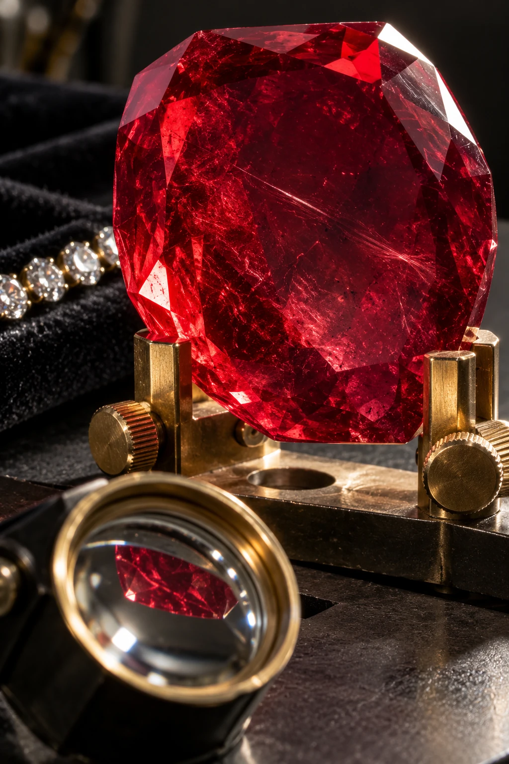 A large transparent red ruby in a gold specimen mount, with a loupe and velvet behind it.